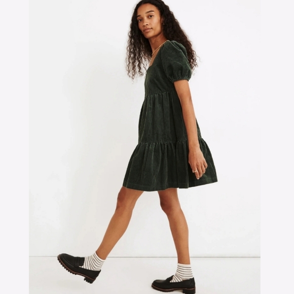 NWT BLACK TAPE Baby Doll Corduroy Drop Waist Emerald Green Dress - Picture 7 of 13